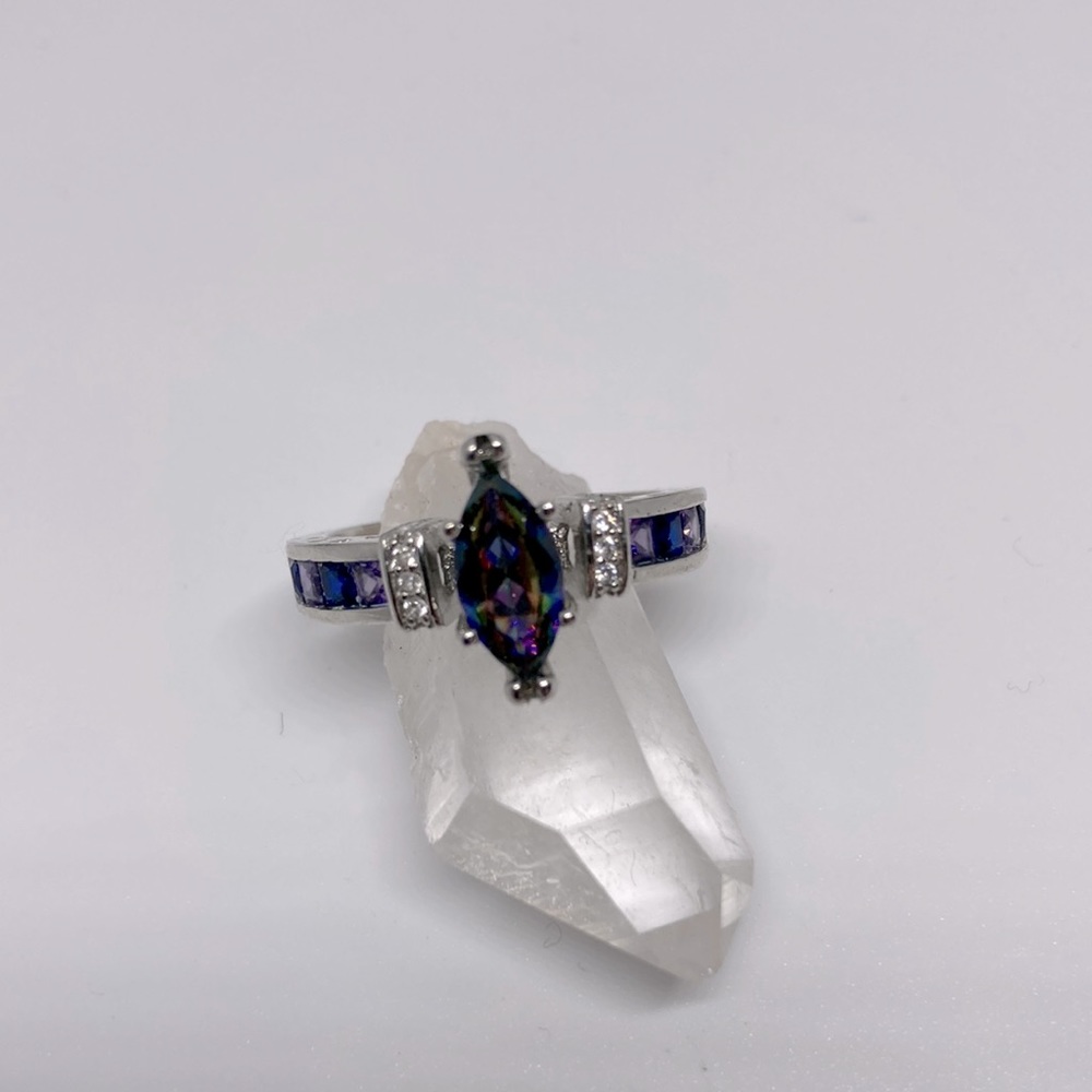 Purple and blue “mystic” crystal sterling silver ring, size 8